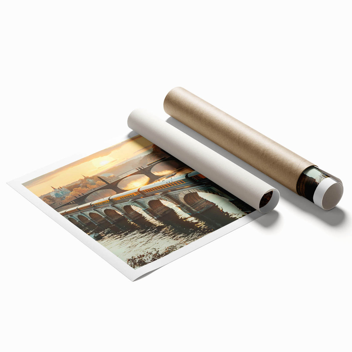 Rolled print showcasing a vibrant landscape of a railroad scene with lush greenery and a bright blue sky, designed for wall art decor in modern interiors.