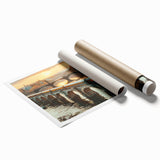Rolled print showcasing a vibrant landscape of a railroad scene with lush greenery and a bright blue sky, designed for wall art decor in modern interiors.