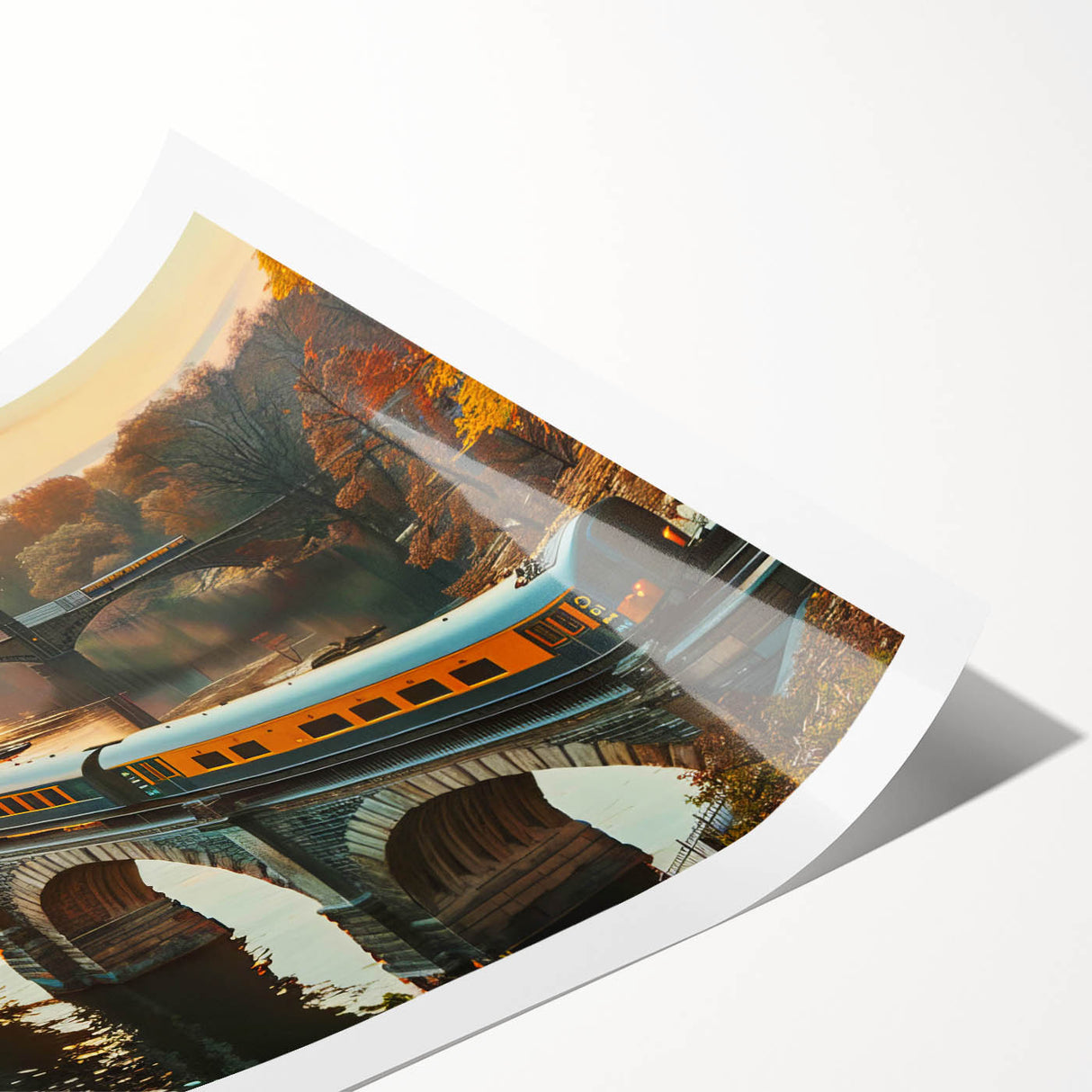 Rolled print showcasing a vibrant landscape with railroad tracks, featuring rich colors and intricate details, ideal for home or office decor.