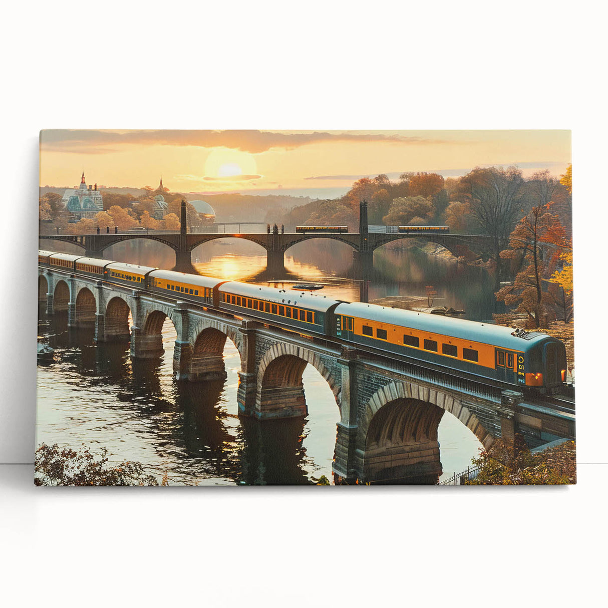 Stretched canvas artwork showcasing a serene landscape with railroads, featuring vibrant colors and intricate details, perfect for enhancing home decor.