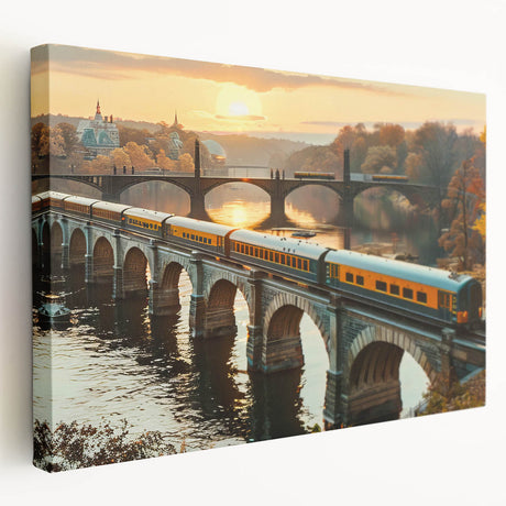 Stretched canvas wall art featuring a serene railroad landscape, showcasing vibrant colors and intricate details, perfect for home decor or office ambiance.