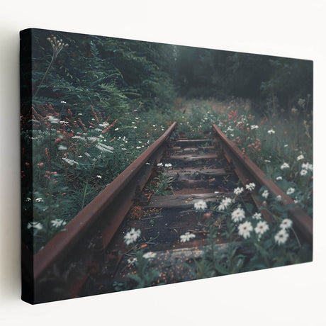 Stretched canvas wall art showcasing a vibrant railroad landscape design, featuring vivid colors and intricate details, perfect for enhancing home decor.