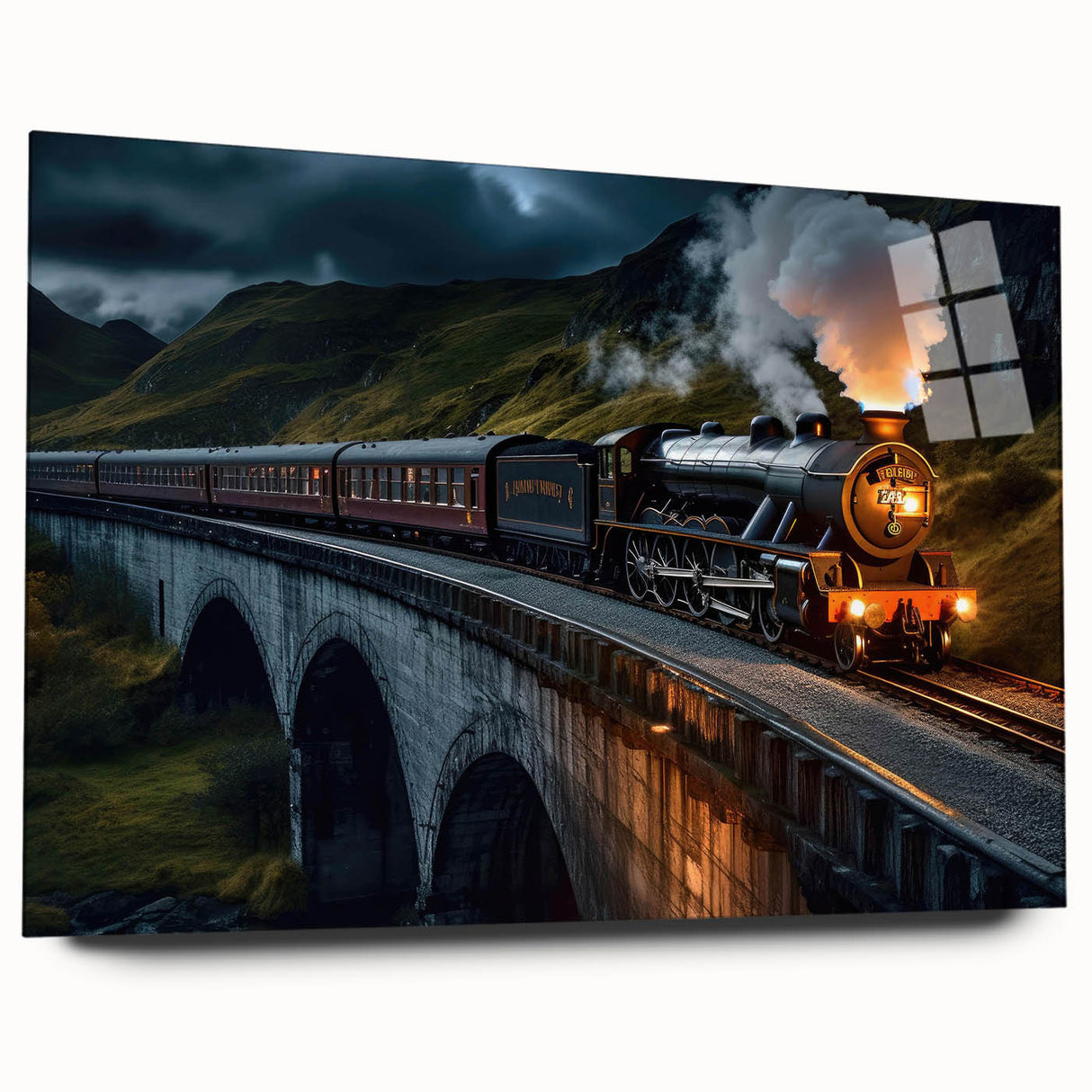Acrylic glass wall art collection showcasing a vibrant landscape with a railroad scene, presented in a sleek side view, perfect for modern decor.