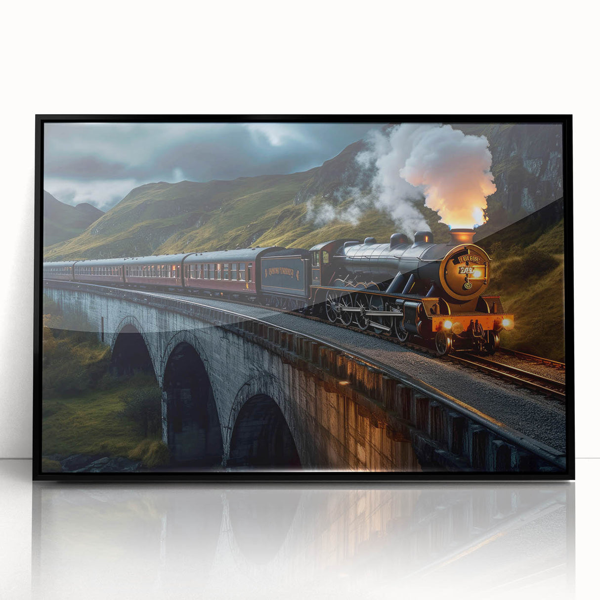 Framed acrylic wall art showcasing a stunning railroad landscape design with vibrant colors and intricate details, set against a sleek black frame for modern decor.
