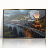 Framed acrylic wall art collection showcasing a scenic railroad landscape with golden accents, perfect for modern home decor. The artwork captures vibrant colors and intricate details, enhancing any interior space.