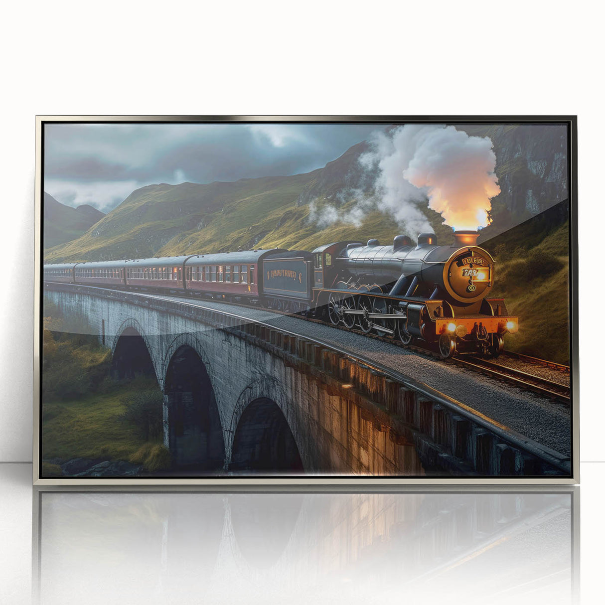 Framed acrylic wall art showcasing a serene railroad landscape design, featuring rich colors and intricate details, perfect for enhancing home decor.