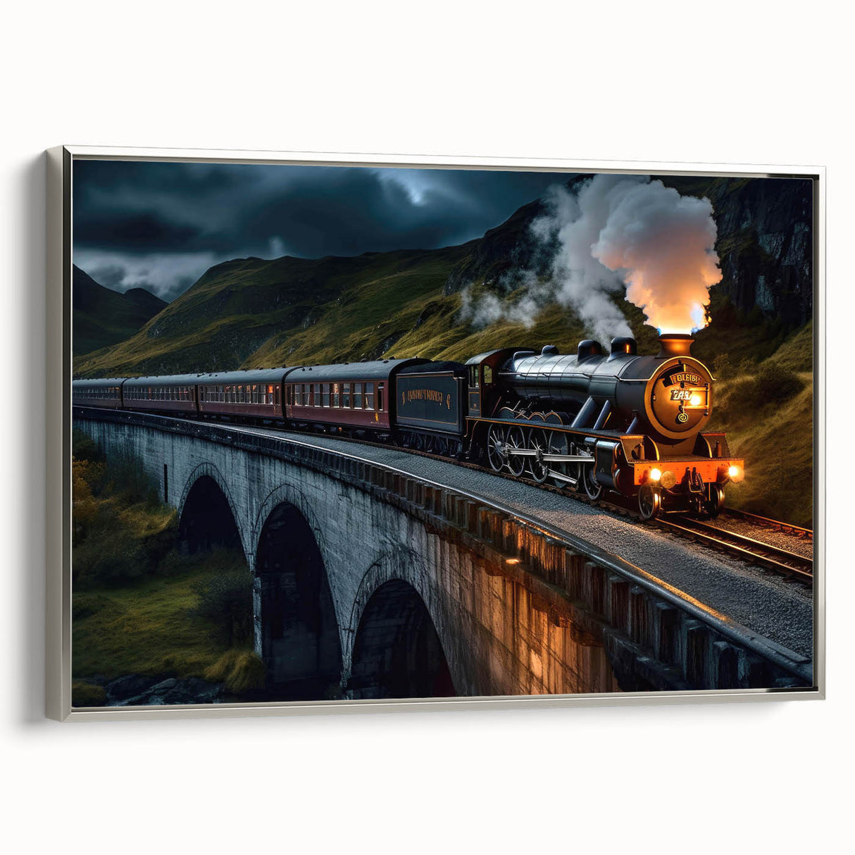 Framed canvas wall art collection showcasing a serene landscape with a railroad scene, highlighted by silver edges, perfect for modern home decor.