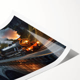 A vibrant rolled canvas print showcasing an intricate railroad landscape design, featuring rich colors and detailed imagery, ideal for enhancing home decor.