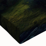 Close-up of a stretched canvas artwork showcasing a vibrant railroad landscape design, featuring rich colors and intricate detailing, perfect for home decor.