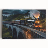 Stretched canvas wall art featuring a vibrant railroad landscape design, showcasing intricate details in colors like blue and green, ideal for home decor enthusiasts.