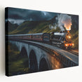 Stretched canvas artwork depicting a vibrant railroad landscape with rich colors, ideal for home decor. Perfect for train enthusiasts and landscape lovers.