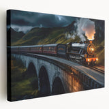 Stretched canvas artwork depicting a vibrant railroad landscape with rich colors, ideal for home decor. Perfect for train enthusiasts and landscape lovers.