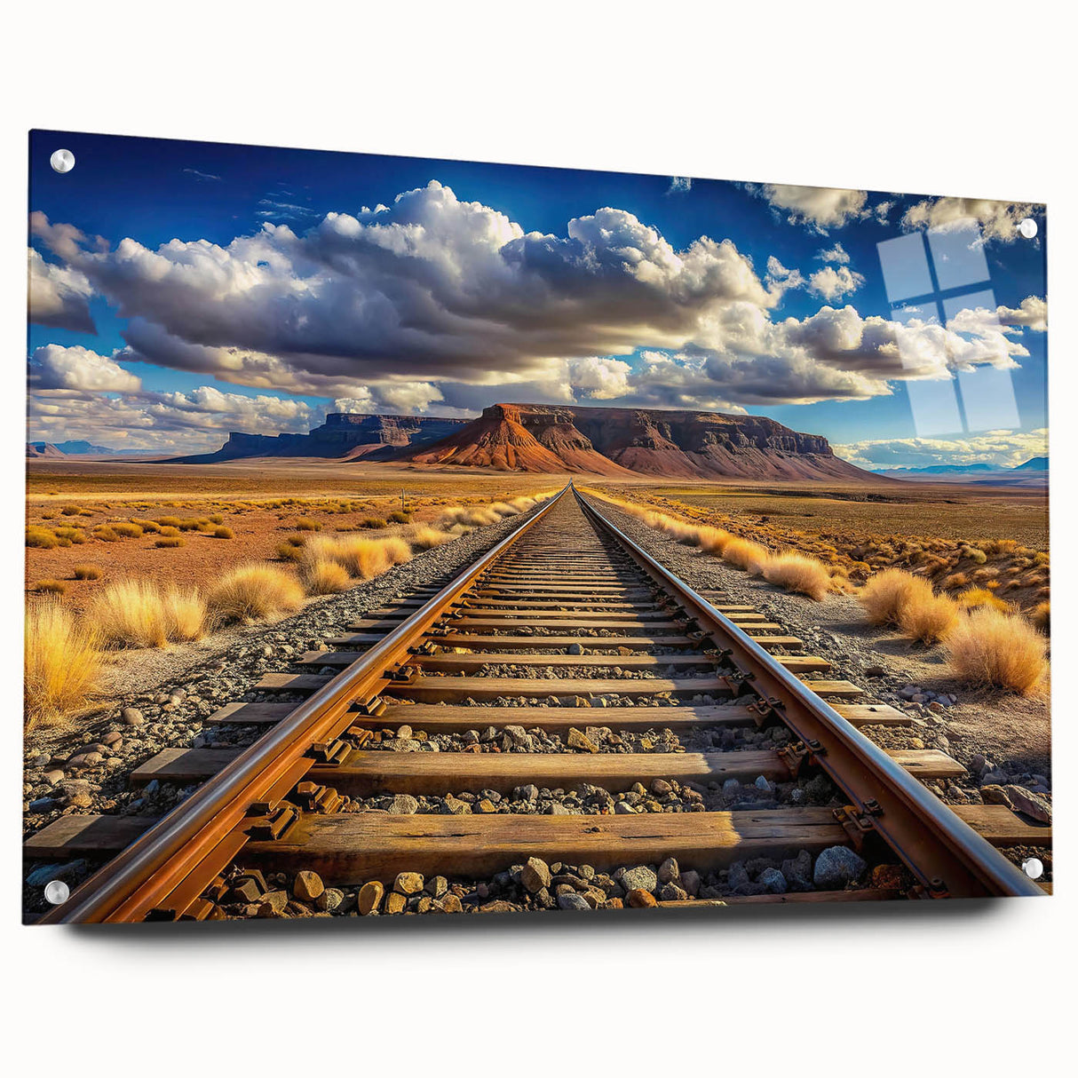 Acrylic glass wall art display showcasing a vibrant railroad landscape design, featuring intricate details and a sleek side view with pins for easy hanging. Perfect for modern home decor enthusiasts and railroad lovers.