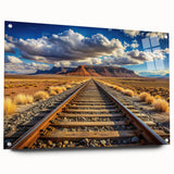 Acrylic glass wall art display showcasing a vibrant railroad landscape design, featuring intricate details and a sleek side view with pins for easy hanging. Perfect for modern home decor enthusiasts and railroad lovers.