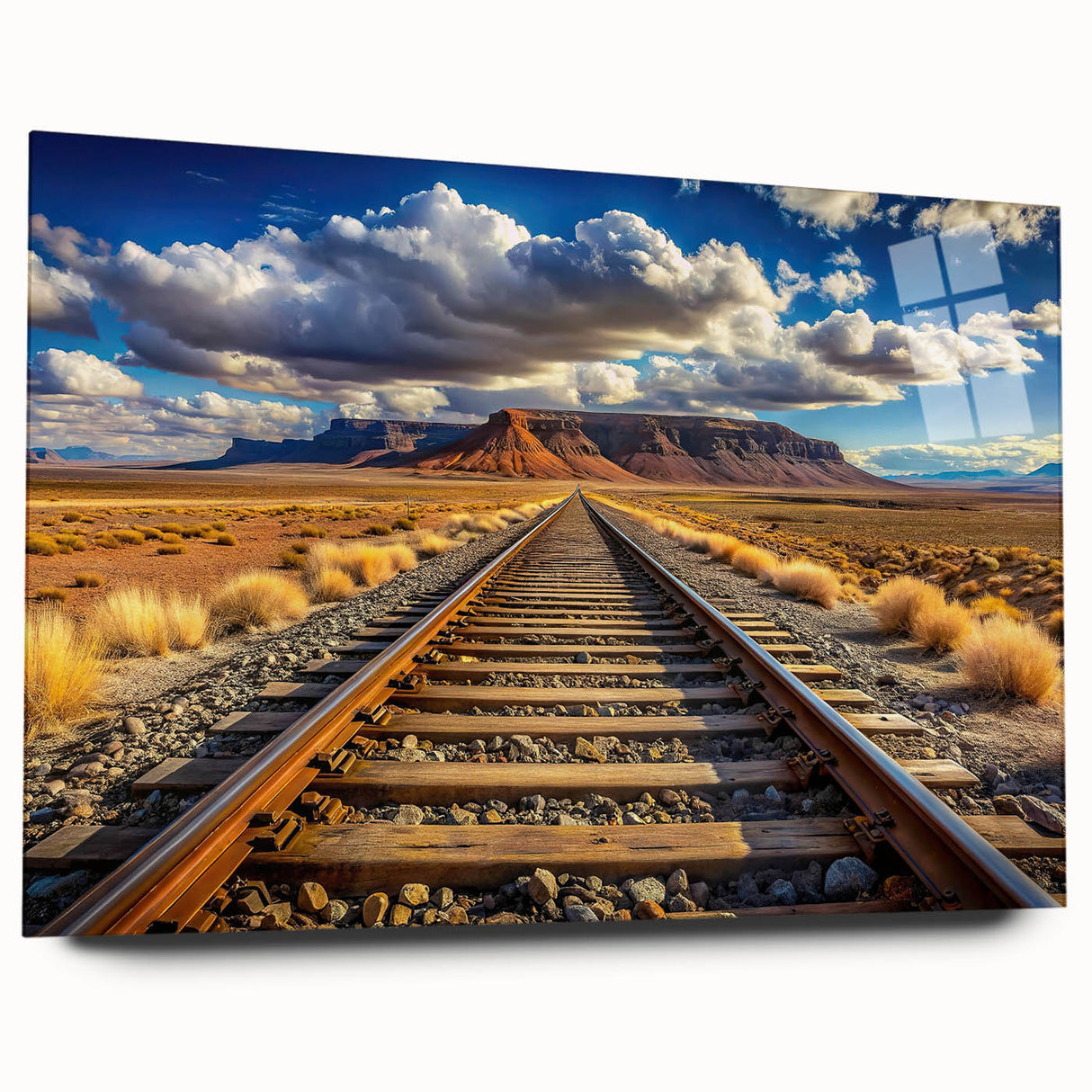Acrylic glass wall art collection showcasing a vibrant landscape and railroad design, viewed from the side, highlighting its sleek finish and modern aesthetic.