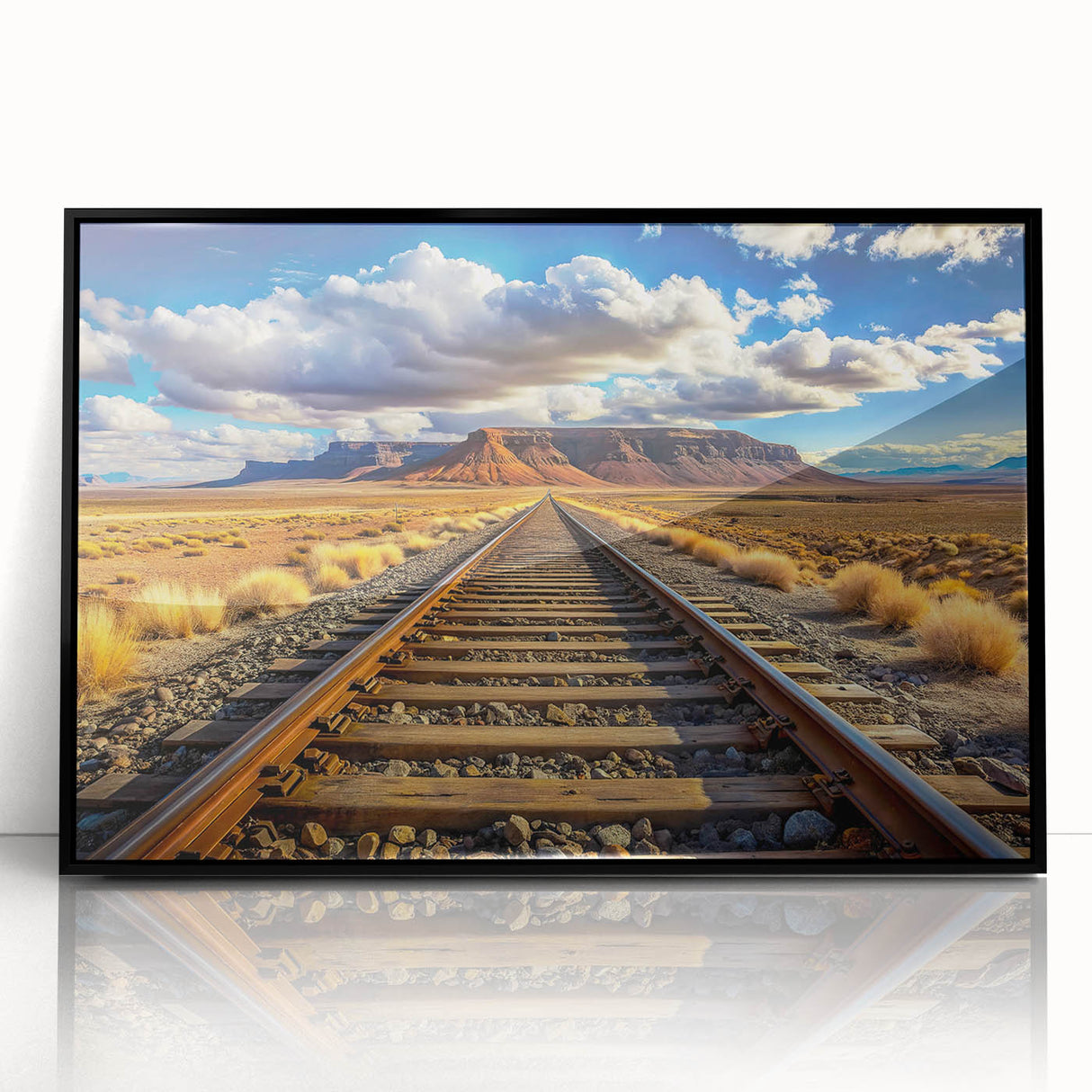 Framed acrylic wall art featuring a stunning landscape with railroads, presented in a sleek black frame, ideal for modern home decor and interior design enthusiasts.