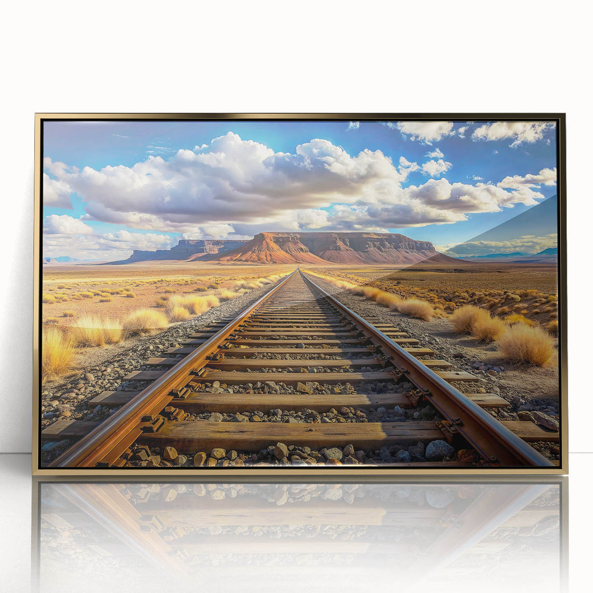 Framed acrylic wall art featuring a vibrant railroad landscape design with gold accents, perfect for enhancing modern home decor. Ideal for train enthusiasts and art lovers.