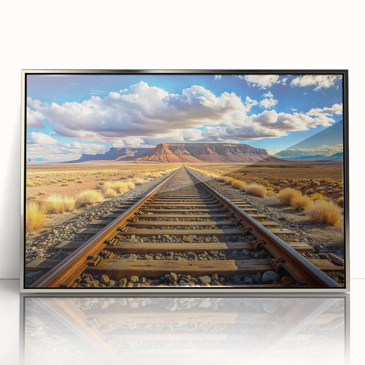 Framed acrylic wall art showcasing a vibrant railroad landscape design in silver, perfect for modern home decor. The artwork captures intricate details and colors, enhancing any living space.