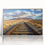 Framed wall art collection showcasing a scenic landscape with railroad tracks in a white frame, designed for modern decor. Perfect for enhancing living spaces.