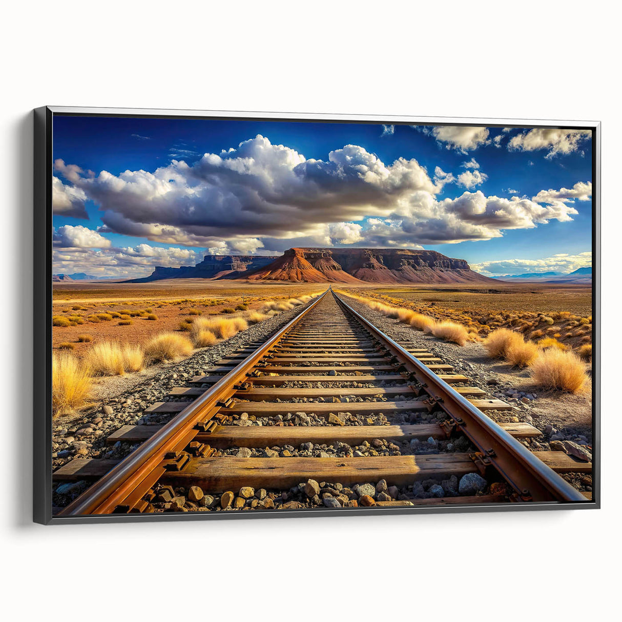 Framed canvas wall art featuring a scenic railroad landscape design, showcasing vibrant colors and intricate details, set against a sleek black frame for modern decor.