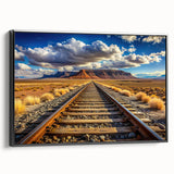 Framed canvas wall art featuring a scenic railroad landscape design, showcasing vibrant colors and intricate details, set against a sleek black frame for modern decor.