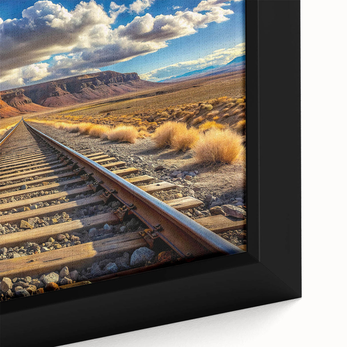 Framed canvas wall art showcasing a vibrant railroad landscape design, featuring rich colors and intricate details, perfect for enhancing any home decor.