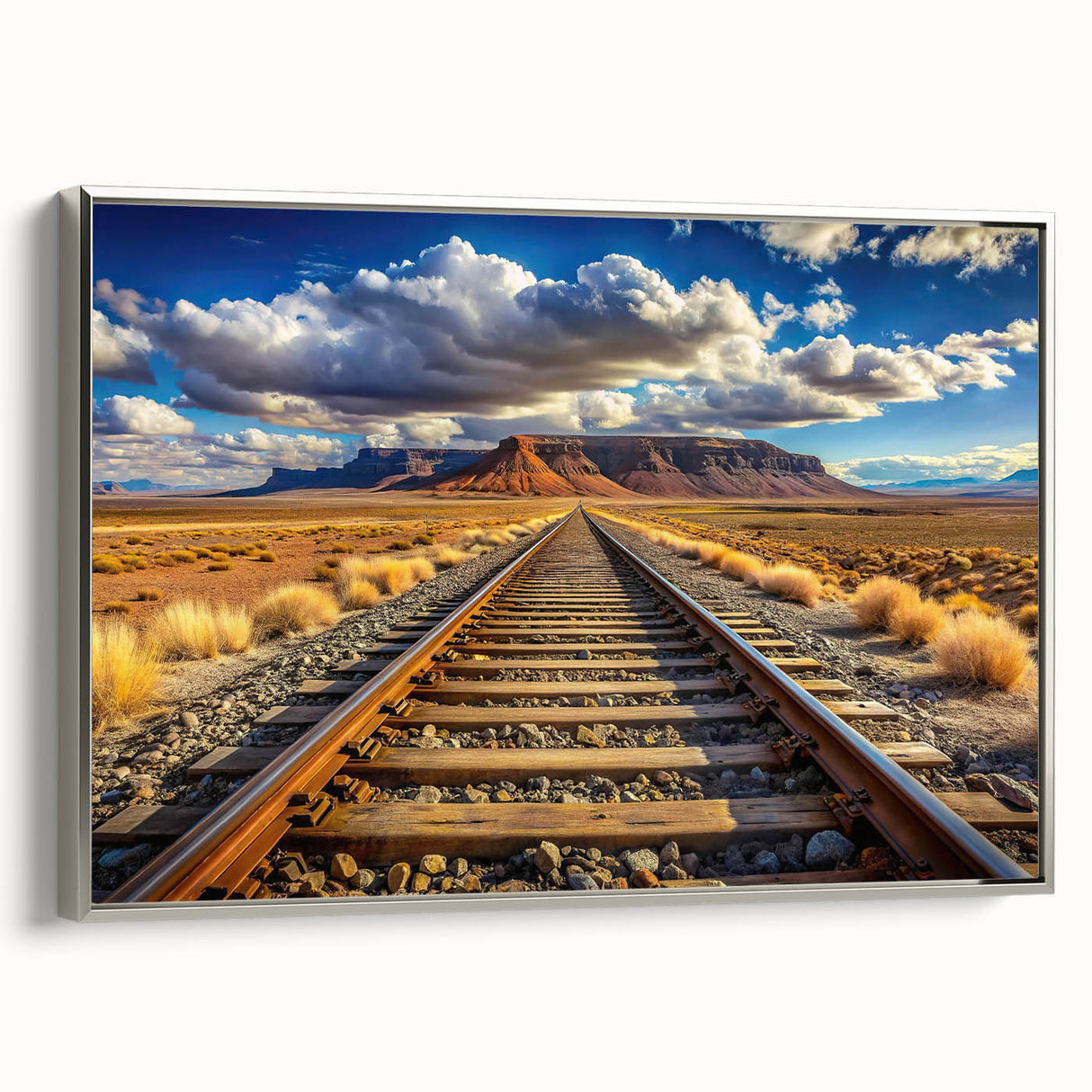 Framed canvas wall art showcasing an elegant railroad landscape design in silver tones, highlighting intricate details and textures, perfect for home decor.