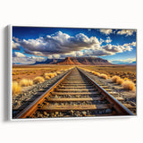 Framed canvas wall art showcasing a serene railroad landscape design, featuring vibrant colors and intricate details, displayed against a white backdrop for elegance.