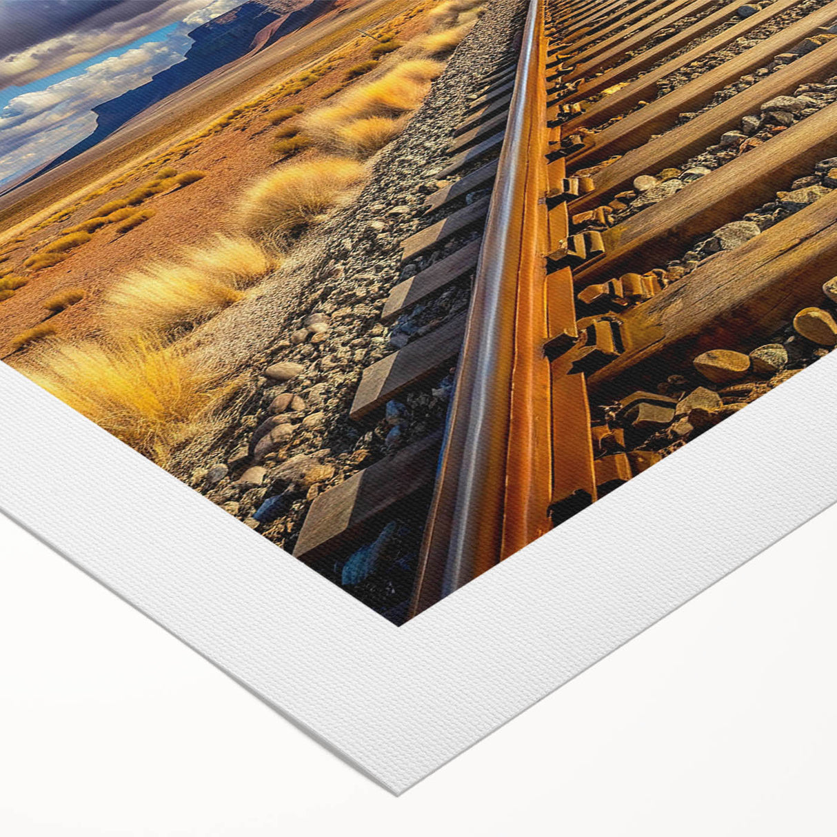 Rolled canvas artwork showcasing a vibrant landscape of railroad tracks running through lush green fields under a clear blue sky, perfect for home decor.