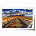 Rolled print showcasing a vibrant railroad landscape design, featuring intricate details and rich colors, ideal for home decor and art enthusiasts.