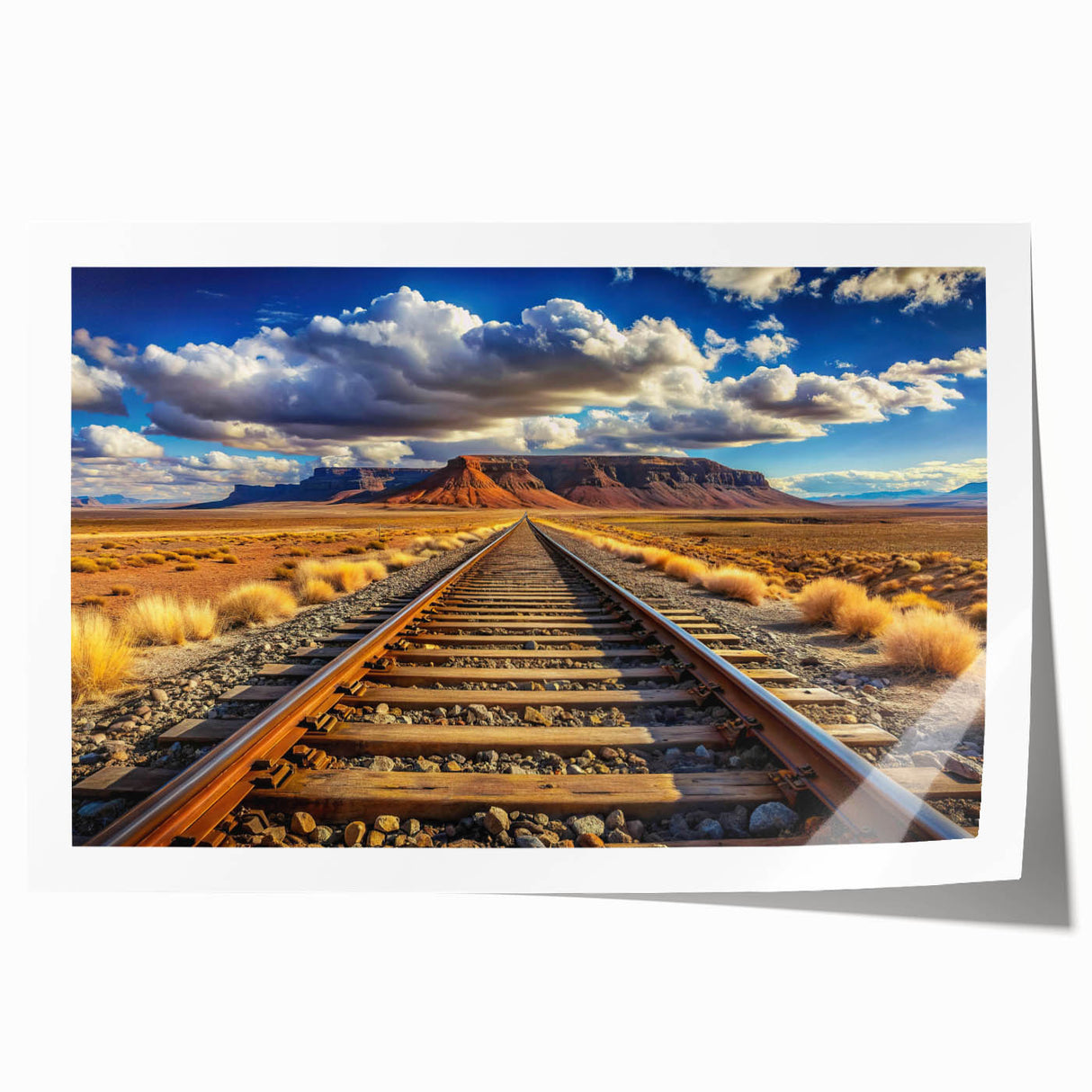Rolled print showcasing a vibrant railroad landscape design, featuring intricate details and rich colors, ideal for home decor and art enthusiasts.