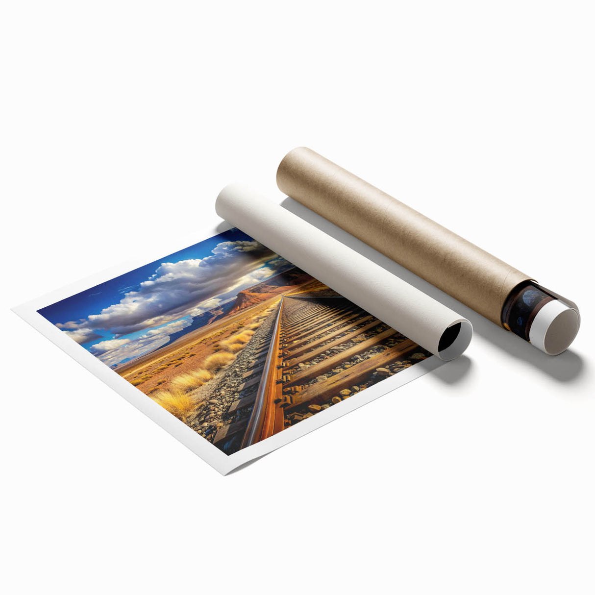 Rolled print of a vibrant railroad landscape design, showcasing train tracks through lush greenery, ideal for home decor. Suitable for art enthusiasts and collectors.