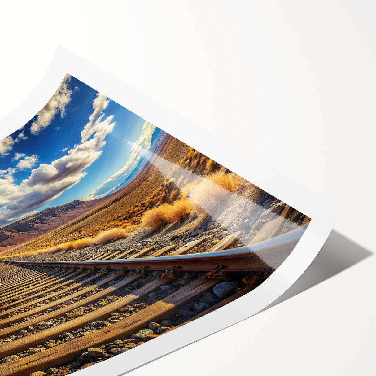 Rolled print of a vibrant railroad landscape featuring lush greenery and a winding track, designed for wall art display, showcasing rich colors and intricate details.