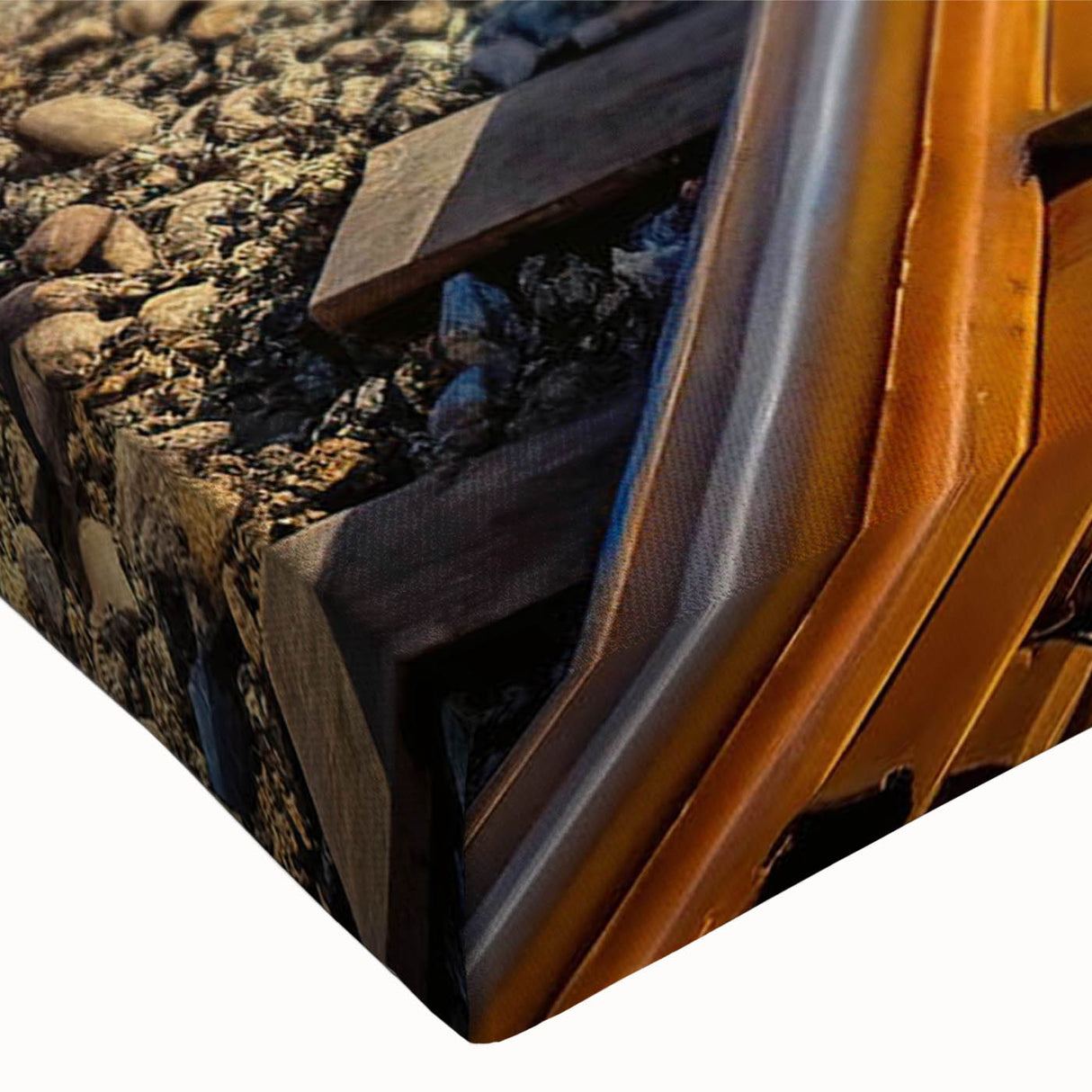 Close-up of a vibrant stretched canvas wall art piece showcasing a railroad landscape design, featuring rich colors and intricate details, perfect for home decoration.