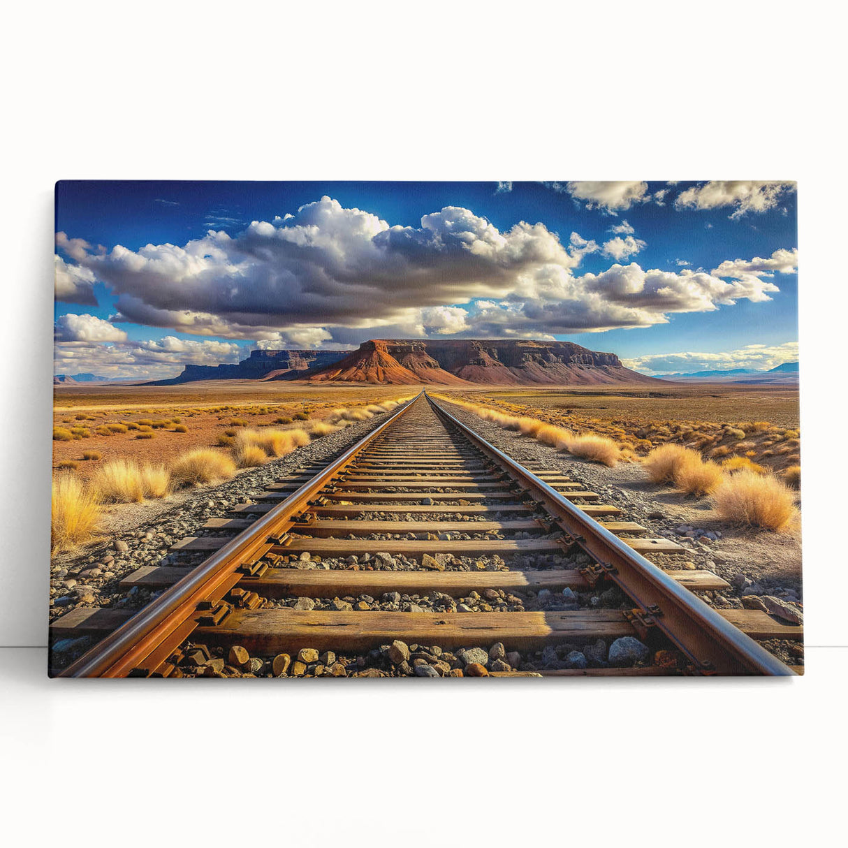 Stretched canvas wall art showcasing a scenic railroad landscape design, featuring vibrant colors and intricate details, perfect for enhancing home decor.