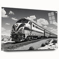Acrylic glass wall art featuring a vibrant landscapes and railroads design, showcasing intricate details and colors, presented in a side view with decorative pins for display.