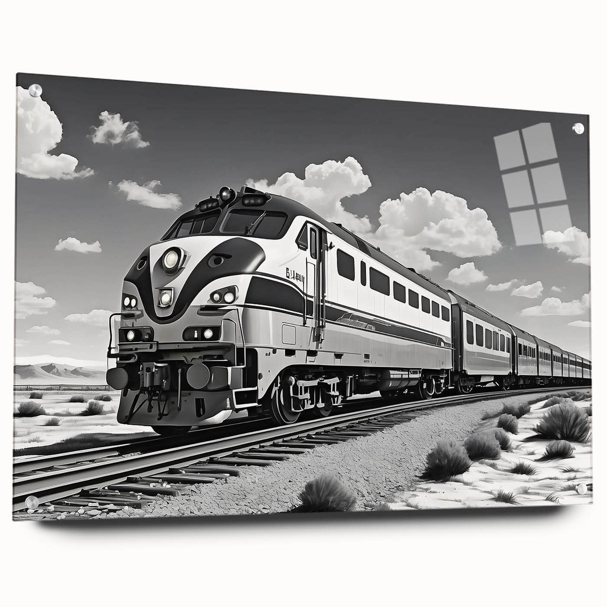 Acrylic glass wall art featuring a vibrant landscapes and railroads design, showcasing intricate details and colors, presented in a side view with decorative pins for display.