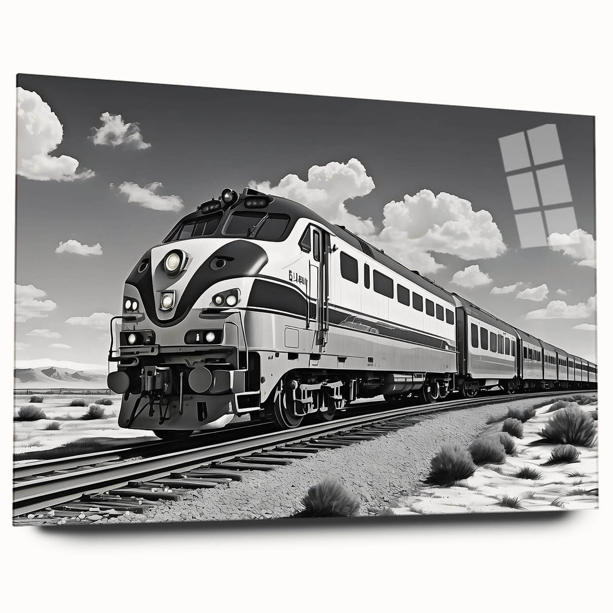 Acrylic glass wall art collection showcasing a vibrant landscape design featuring railroads, displayed in a stylish side view without pins, enhancing modern decor.