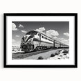 Framed wall art showcasing a scenic railroad landscape, featuring vibrant colors and intricate details, set in a sleek black frame with a mat for an elegant display. Perfect for enhancing modern decor or as a gift for train enthusiasts.