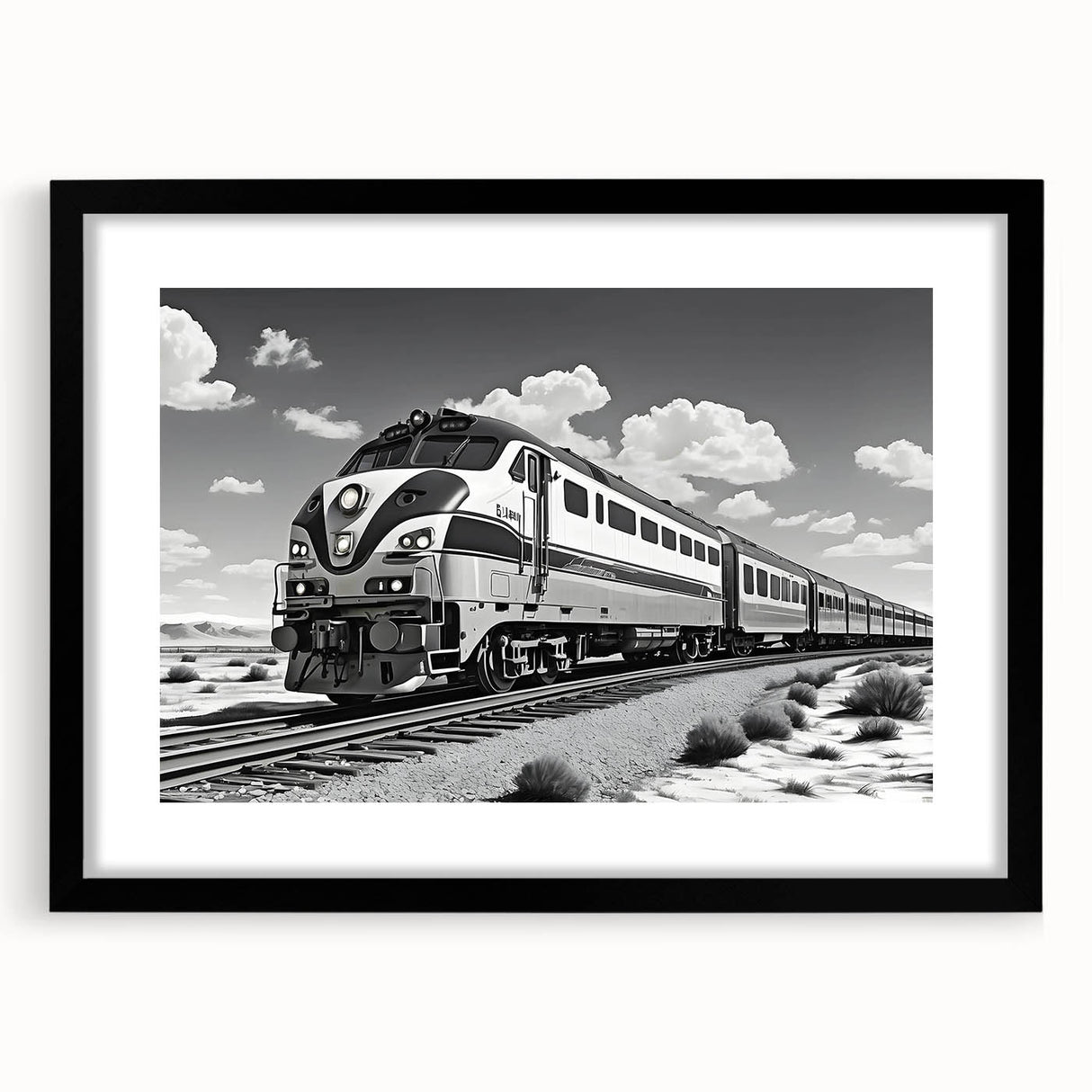 Framed wall art showcasing a scenic railroad landscape, featuring vibrant colors and intricate details, set in a sleek black frame with a mat for an elegant display. Perfect for enhancing modern decor or as a gift for train enthusiasts.