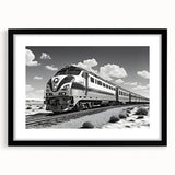 Framed wall art showcasing a scenic railroad landscape, featuring vibrant colors and intricate details, set in a sleek black frame with a mat for an elegant display. Perfect for enhancing modern decor or as a gift for train enthusiasts.