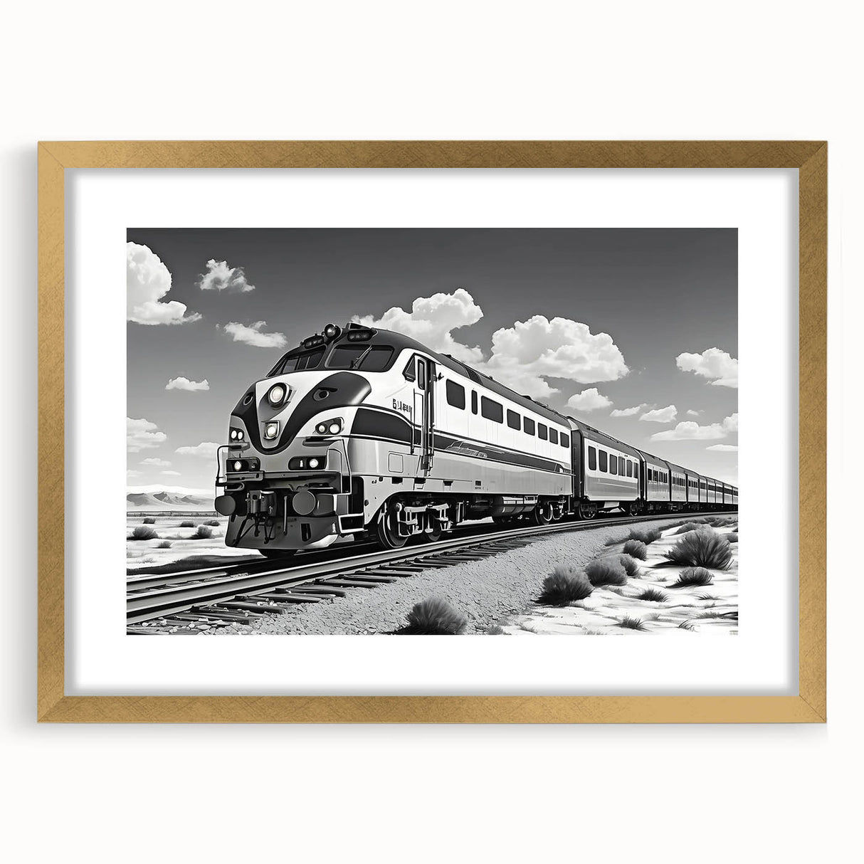 Framed wall art depicting a vibrant railroad landscape design, featuring rich colors in a gold frame with matting, ideal for enhancing home decor aesthetics.