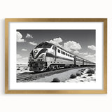 Framed wall art depicting a vibrant railroad landscape design, featuring rich colors in a gold frame with matting, ideal for enhancing home decor aesthetics.