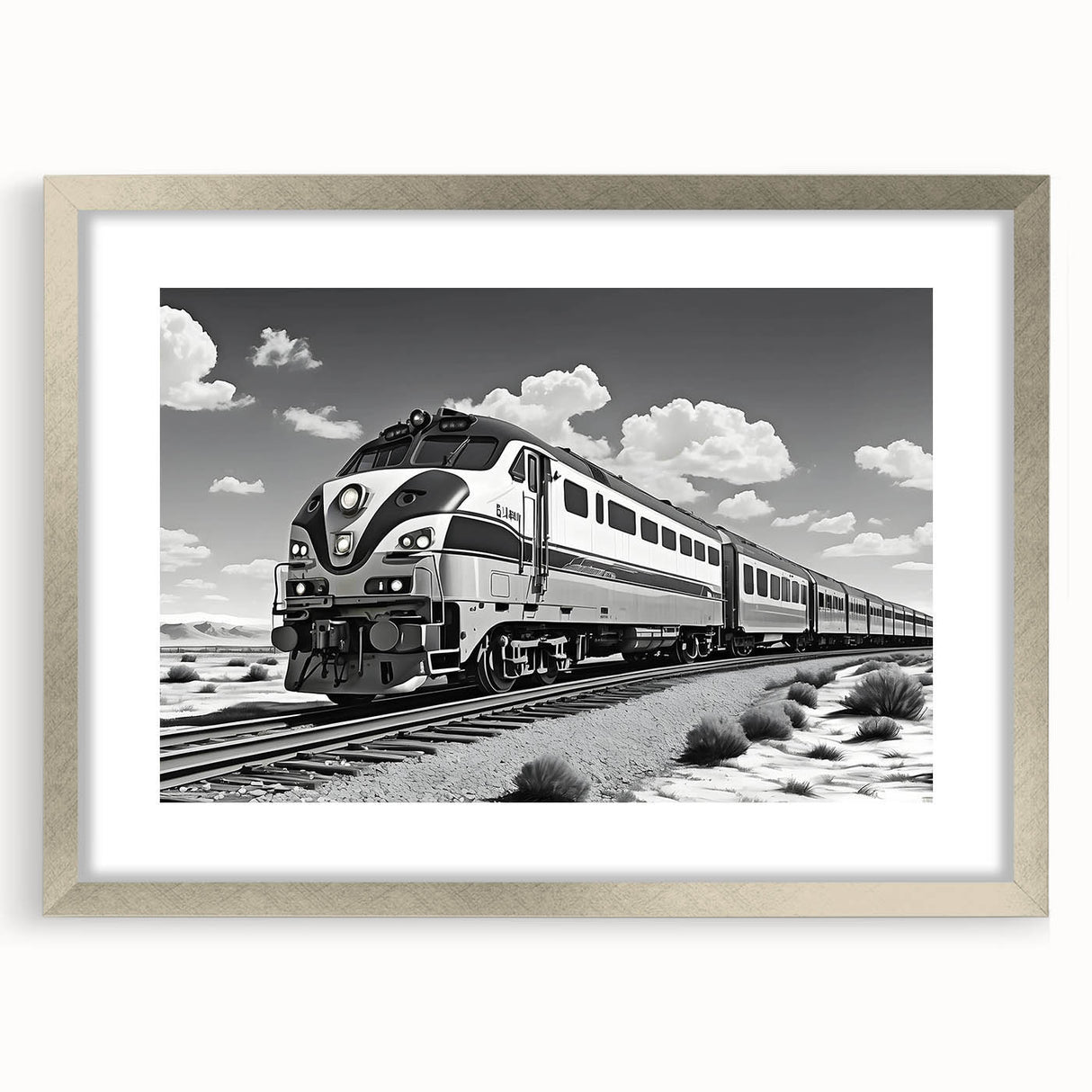 Framed wall art piece showcasing a serene railroad landscape design, featuring a silver frame and mat, ideal for enhancing home decor with a touch of tranquility.