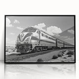 Framed acrylic wall art featuring a captivating railroad landscape design in black, showcasing intricate details and vibrant colors, perfect for modern decor.