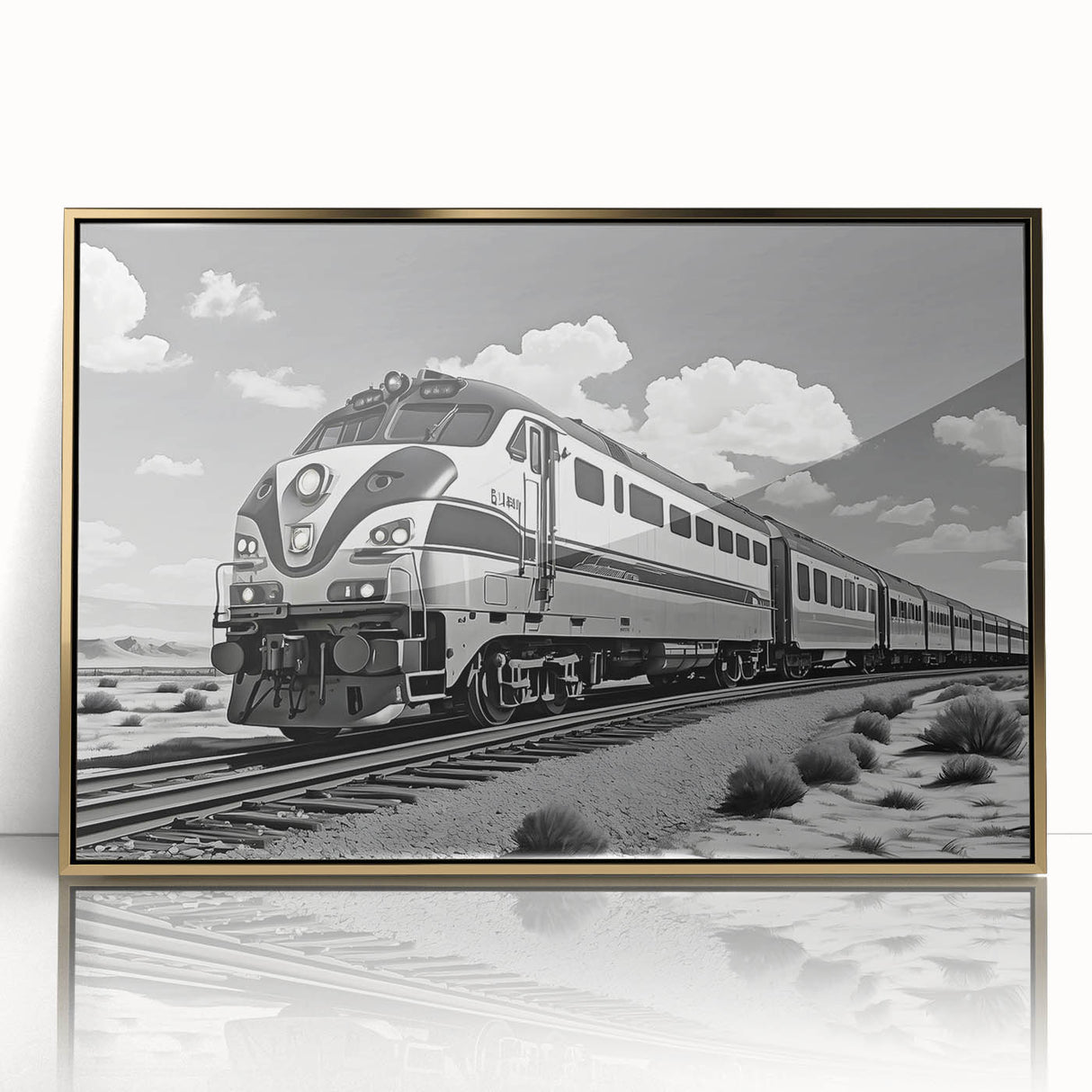 Framed acrylic wall art depicting a scenic railroad landscape design with gold accents, perfect for enhancing modern home decor. Ideal for art enthusiasts.