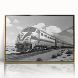 Framed acrylic wall art depicting a scenic railroad landscape design with gold accents, perfect for enhancing modern home decor. Ideal for art enthusiasts.