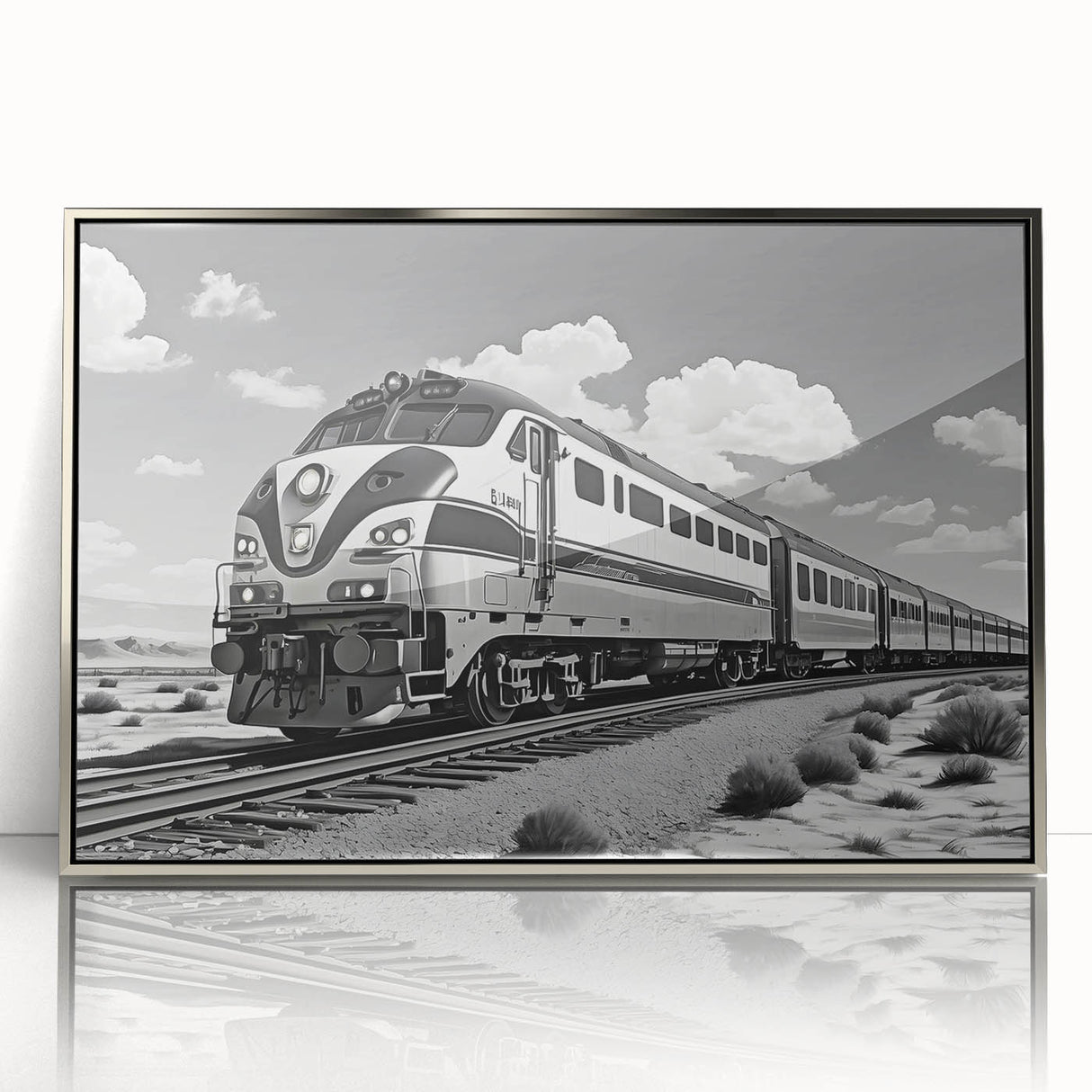 Framed wall art showcasing a silver-accented railroad landscape design, perfect for modern home decor. The acrylic front adds a sleek finish, enhancing visual appeal.