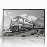 Framed wall art showcasing a silver-accented railroad landscape design, perfect for modern home decor. The acrylic front adds a sleek finish, enhancing visual appeal.