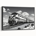 Framed canvas wall art from the Landscapes Railroads Design 21 collection, featuring a scenic railroad landscape in vibrant colors against a black frame, ideal for home decor.